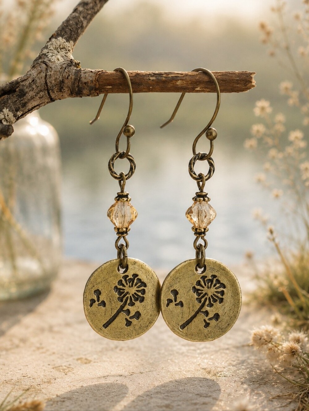 Dandelion Earrings Champagne Czech Glass Brass Cottagecore Rustic Handcrafted